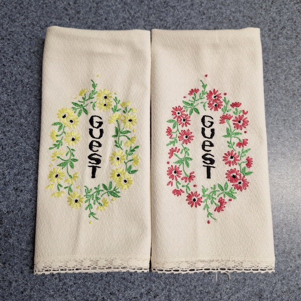 Embroidered Guest Towels with Floral Design, Ivory Set of 2